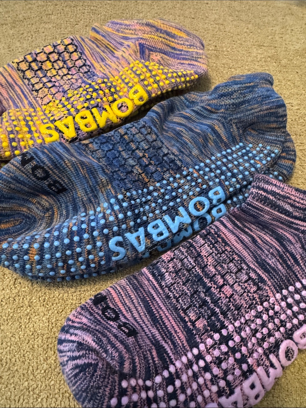 Bombas Non-Slip Crew Socks in Yellow, Blue, and Pink 3 Pair
